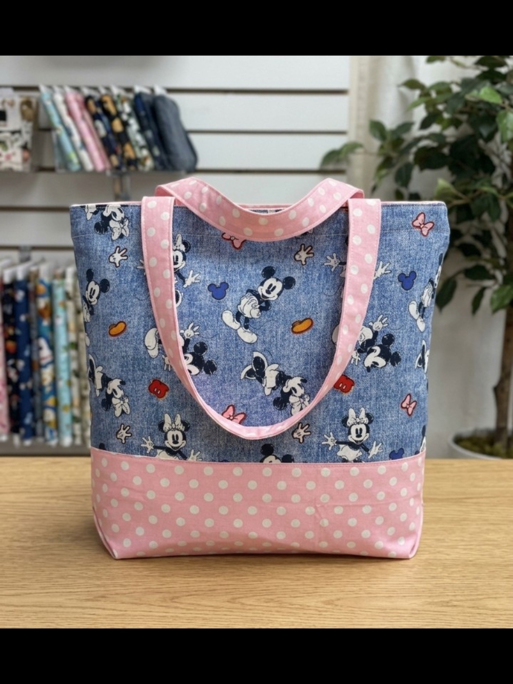 Pink Polka-Dot Denim-Print Tote Bag with Character Motif